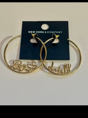 New York & Company Gold 'Boss Lady' Script Hoop Earrings